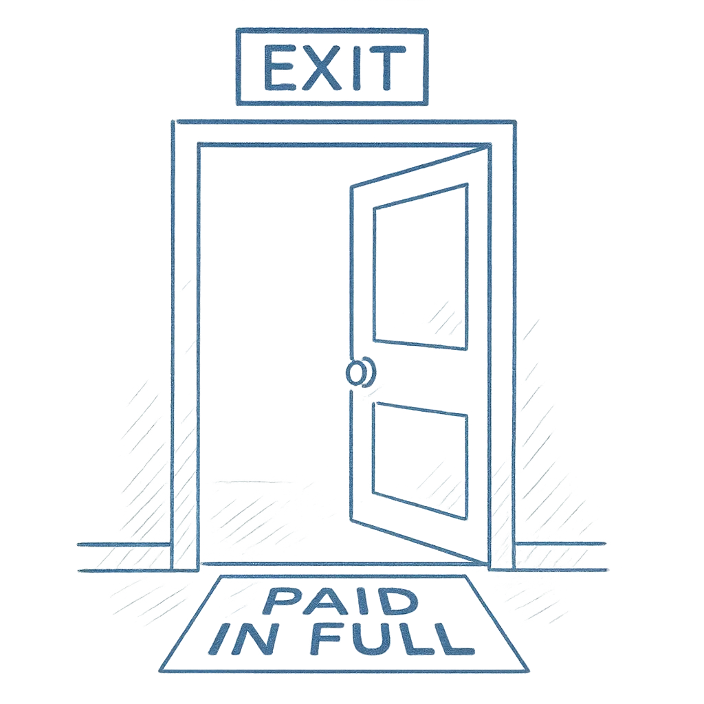 exit door with a paid in full mat before it 