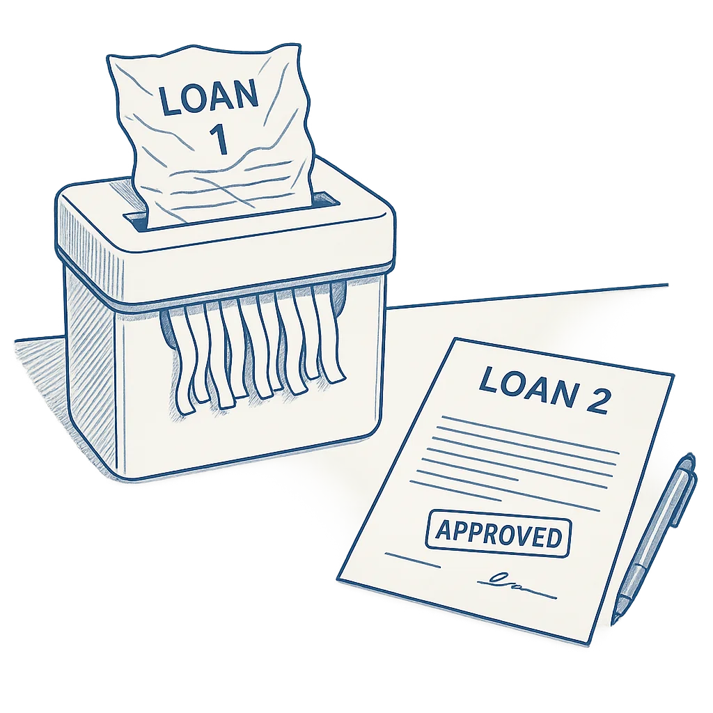 a paper shredder with loan 1 paperwork inserted while beside is loan 2 signed