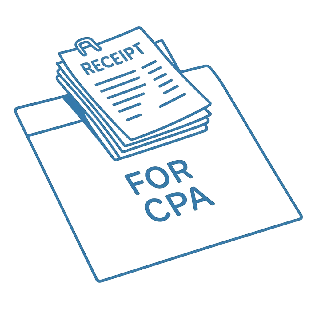 neatly ordered receipts clipped to an envelope reading for cpa